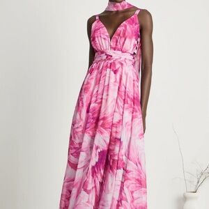 MISS ROSIER Sz XL Pink Florence V-neck floral maxi dress Flared Skirt With Scarf